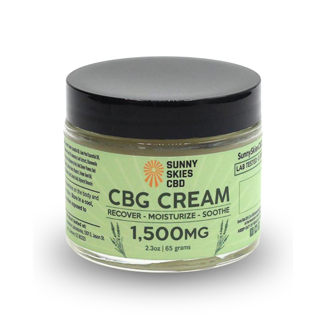 Sunny Skies CBG Cream jar with a green label, 1500mg CBG, 2.3 oz, 65 grams.